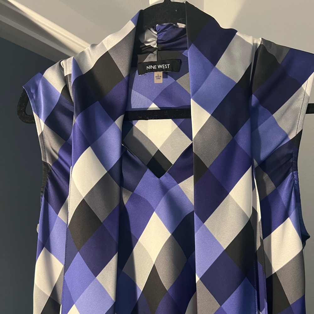 Nine West Blue and Black Argyle Blouse